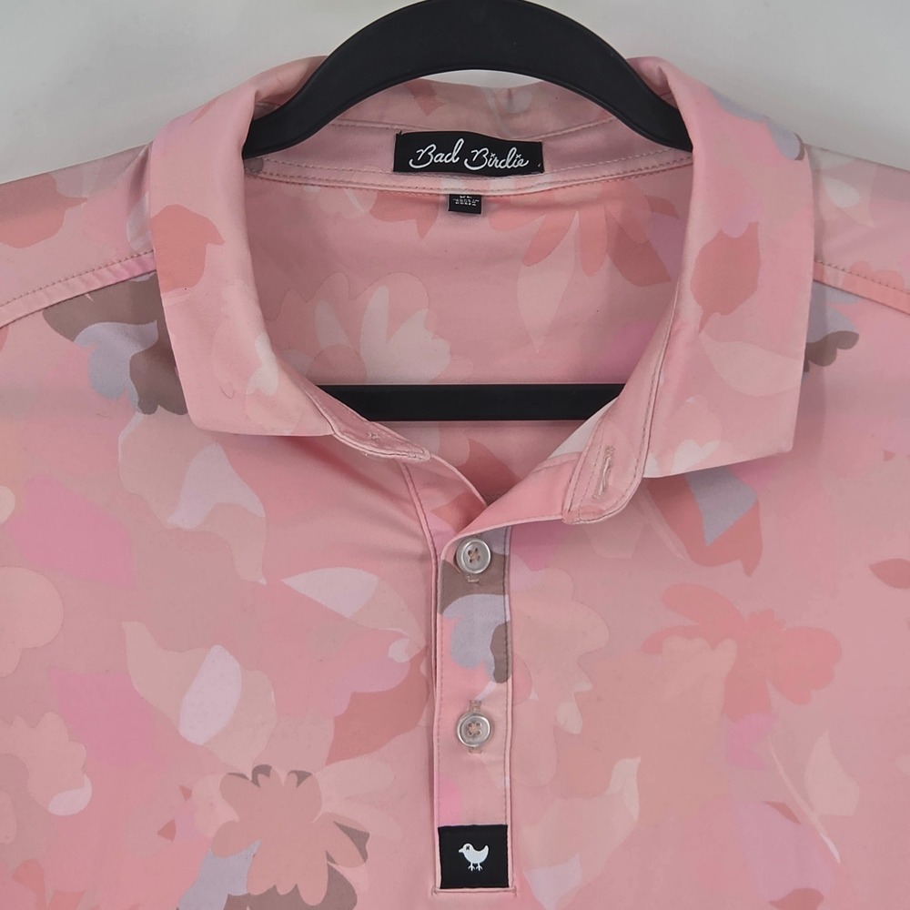 Bad Birdie Mens XL Pink Floral Camo Golf Polo Shirt SS Performance Stretch